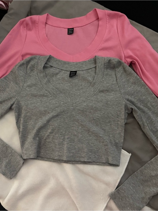 SHEIN Tops - SHEIN Long Sleeve Basic Bundle | Pink + Gray V-Neck Tops | Size M